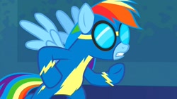 Size: 1280x720 | Tagged: safe, derpibooru import, screencap, rainbow dash, pegasus, pony, newbie dash, bipedal, clothes, female, goggles, solo, uniform, wings, wonderbolts, wonderbolts uniform