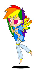 Size: 595x1096 | Tagged: safe, artist:annasabi101, derpibooru import, rainbow dash, human, barefoot, belly button, belly dancer, belly dancer outfit, bracelet, colored wings, ear piercing, earring, eyelashes, feet, floating, genie, geniefied, harem outfit, hooped earrings, humanized, jewelry, midriff, multicolored hair, multicolored wings, piercing, rainbow hair, rainbow wings, raised eyebrow, tiara, wings