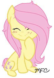 Size: 295x425 | Tagged: safe, artist:mlpfanartcraze, fluttershy, pegasus, pony, base used, blushing, cute, eyes closed, hoof on chin, shyabetes, simple, simple background, sitting, smiling, solo, white background, wingless