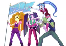 Size: 2222x1554 | Tagged: safe, artist:paradoxbroken, adagio dazzle, aria blaze, sonata dusk, oc, oc:anon, equestria girls, rainbow rocks, baseball bat, belt, boots, breasts, clothes, cute, cutie mark on clothes, delicious flat chest, denim, ear piercing, earring, eyelashes, eyeshadow, female, fingerless gloves, flag, flatdagio dazzle, gloves, hair tie, headband, hunched over, jeans, jewelry, kneesocks, leggings, legs, lidded eyes, long socks, looking sideways, low angle, makeup, male, midriff, miniskirt, open mouth, pants, piercing, pigtails, pointing, ponytail, poofy shoulders, pouting, rolled up sleeves, shirt, shoes, shoulder ride, simple background, sitting on person, skirt, small breasts, smiling, socks, sonatabetes, spiked headband, spiked wristband, standing, the dazzlings, tight clothing, tights, twintails, white background, wip, wristband