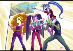 Size: 2059x1440 | Tagged: safe, artist:paradoxbroken, adagio dazzle, aria blaze, sonata dusk, oc, oc:anon, equestria girls, rainbow rocks, belt, boots, clothes, crepuscular rays, cutie mark on clothes, denim, ear piercing, earring, eyelashes, eyeshadow, female, fingerless gloves, flag, gloves, hair tie, headband, jeans, jewelry, kneesocks, leggings, legs, lidded eyes, long socks, looking sideways, makeup, male, midriff, miniskirt, open mouth, pants, piercing, pigtails, pointing, ponytail, poofy shoulders, pouting, rolled up sleeves, shirt, shoes, simple background, sitting on person, skirt, skirt lift, smiling, socks, spiked wristband, standing, the dazzlings, tight clothing, twintails, wristband