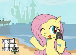 Size: 1685x1221 | Tagged: safe, artist:timorikawa, fluttershy, pegasus, pony, beach, cellphone, cute, grand theft auto, one eye closed, parody, phone, selfie, shyabetes, solo, wink