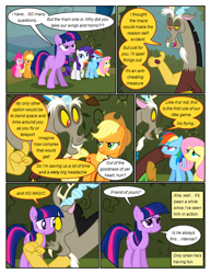 Size: 612x792 | Tagged: safe, artist:newbiespud, derpibooru import, edit, edited screencap, screencap, applejack, discord, fluttershy, pinkie pie, rainbow dash, rarity, twilight sparkle, draconequus, earth pony, pegasus, pony, unicorn, comic:friendship is dragons, the return of harmony, angry, comic, dialogue, earth pony twilight, female, freckles, frown, hat, hedge maze, male, mane six, mare, scared, screencap comic, unamused, wingless