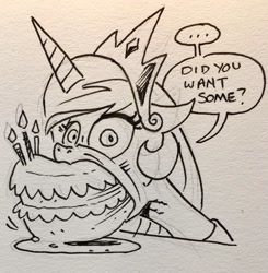 Size: 1004x1024 | Tagged: safe, artist:andypriceart, princess celestia, alicorn, pony, ..., andy you magnificent bastard, cake, cakelestia, cute, eating, female, food, gentlemen, looking at you, majestic as fuck, mare, monochrome, nom, sillestia, silly, solo, speech bubble, this will end in weight gain, traditional art