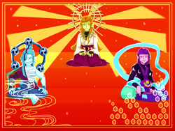 Size: 1600x1200 | Tagged: safe, artist:butteriseok, adagio dazzle, aria blaze, sonata dusk, equestria girls, rainbow rocks, amaterasu, fujin, goddess, halo, japanese, japanese mythology, mythology, raijin, redesign, sun, traditional art