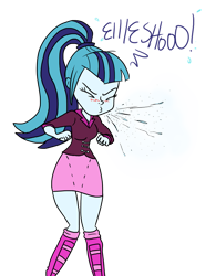 Size: 789x1012 | Tagged: safe, artist:anyponedrawn, sonata dusk, equestria girls, blushing, boots, breasts, cleavage, clothes, cute, female, miniskirt, mucus, nostrils, ponytail, shoes, skirt, sneeze cloud, sneeze spray, sneezing, socks, spit, spray