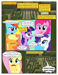 Size: 612x792 | Tagged: safe, artist:newbiespud, derpibooru import, edit, edited screencap, screencap, applejack, fluttershy, pinkie pie, rainbow dash, rarity, twilight sparkle, earth pony, pegasus, pony, unicorn, comic:friendship is dragons, the return of harmony, cheek squish, comic, dialogue, earth pony twilight, eyes closed, female, freckles, frown, happy, hat, hedge maze, implied discord, mane six, mare, open mouth, running, scared, screencap comic, smiling, squishy cheeks, wingless