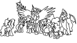 Size: 960x540 | Tagged: safe, artist:treble clefé, derpibooru import, applejack, fluttershy, granny smith, li'l cheese, luster dawn, pinkie pie, princess twilight 2.0, rainbow dash, rarity, spike, twilight sparkle, twilight sparkle (alicorn), alicorn, dragon, earth pony, pegasus, pony, unicorn, season 9, the last problem, spoiler:s09, colt, female, gigachad spike, male, mane six, mare, monochrome, older, older applejack, older fluttershy, older pinkie pie, older rainbow dash, older rarity, older spike, older twilight, simple background, spread wings, white background, wings