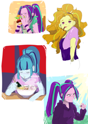 Size: 2894x4093 | Tagged: safe, artist:amazingpuffhair, adagio dazzle, aria blaze, sonata dusk, better together, equestria girls, adoragio, ariabetes, blushing, burger, chopsticks, cute, eating, eyes closed, food, hamburger, japanese food, no pupils, noodles, pocky, popsicle, ramen, sonatabetes, the dazzlings, tongue out