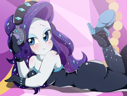 Size: 1600x1200 | Tagged: safe, artist:umejiru, rarity, equestria girls, equestria girls series, the other side, ass, bare shoulders, breasts, clothes, cute, fabulous, female, gloves, headphones, high heels, raribetes, rearity, scene interpretation, sexy, shoes, sleeveless, solo, strapless, stupid sexy rarity