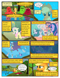 Size: 612x792 | Tagged: safe, artist:newbiespud, derpibooru import, edit, edited screencap, screencap, applejack, discord, fluttershy, pinkie pie, rainbow dash, rarity, twilight sparkle, draconequus, earth pony, pegasus, pony, unicorn, comic:friendship is dragons, the return of harmony, angry, apple, apple monster, bullseye, circling stars, comic, crossed arms, dialogue, discorded, dizzy, flutterbitch, food, freckles, greedity, hat, hedge maze, keepers of the grove of truth, liarjack, male, mane six, meanie pie, mind control, pond, reflection, sad, screencap comic, sitting, sunglasses, swirly eyes, tree