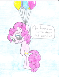 Size: 1514x1984 | Tagged: safe, artist:porfavorsuvida, pinkie pie, earth pony, pony, balloon, solo, spanish, then watch her balloons lift her up to the sky, traditional art, translated in the comments