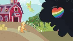 Size: 1366x768 | Tagged: safe, screencap, applejack, granny smith, earth pony, pony, family appreciation day, apple, applejack's house, duo, female, food, jumping, mare, raised hoof, sweet apple acres, zap apple