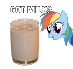 Size: 598x567 | Tagged: safe, derpibooru import, edit, editor:undeadponysoldier, rainbow dash, pegasus, pony, chocolate, commercial, drink, female, food, glass, got milk, looking at you, mare, meme, reference, solo, talking to viewer, text