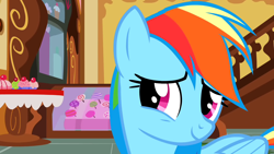 Size: 1280x720 | Tagged: safe, derpibooru import, screencap, rainbow dash, pegasus, pony, the cutie mark chronicles, cute, dashabetes, female, mare, smiling, solo, sugarcube corner