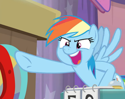 Size: 473x375 | Tagged: safe, derpibooru import, edit, screencap, rainbow dash, pegasus, pony, a trivial pursuit, cropped, open mouth, pointing, reaction image, solo