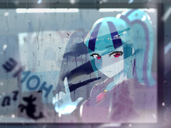 Size: 1280x960 | Tagged: safe, artist:tzc, sonata dusk, siren, equestria girls, anime, clothes, female, gem, homesick, rain, sad, siren gem, solo, sweater, window