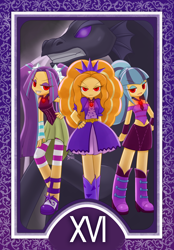 Size: 1200x1728 | Tagged: safe, artist:howxu, adagio dazzle, aria blaze, sonata dusk, equestria girls, rainbow rocks, belt, boots, clothes, dress, gem, high heel boots, high heels, human coloration, leggings, major arcana, miniskirt, pigtails, ponytail, purple eyes, red eyes, shoes, siren gem, skirt, tarot, tarot card, the dazzlings, the tower, twintails