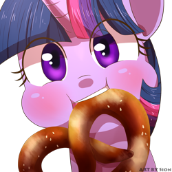 Size: 1500x1500 | Tagged: safe, artist:sion, derpibooru import, twilight sparkle, pony, unicorn, blushing, commission, cute, eating, female, food, looking at you, mare, mouth hold, nom, pretzel, pretzel coordination, puffy cheeks, solo, twiabetes, twipretzel