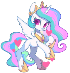 Size: 1797x1876 | Tagged: safe, artist:ikirunosindo, princess celestia, alicorn, pony, chibi, cute, cutelestia, heart, looking at you, missing cutie mark, rearing, simple background, smiling, solo, white background