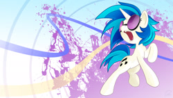 Size: 1920x1080 | Tagged: safe, artist:didj, derpibooru import, dj pon-3, vinyl scratch, pony, unicorn, female, mare, open mouth, raised hoof, solo, sunglasses, wallpaper