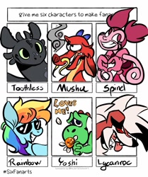 Size: 857x1024 | Tagged: safe, alternate version, artist:charliedraws_, derpibooru import, rainbow dash, dragon, pegasus, pony, chinese dragon, colored, crossover, female, flower, heart hands, how to train your dragon, lineart, lycanroc, male, mare, monochrome, mulan, mushu, out of frame, pokémon, six fanarts, smiling, spinel (steven universe), sunglasses, toothless the dragon, yoshi