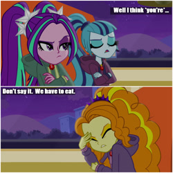 Size: 1000x1000 | Tagged: safe, edit, edited screencap, screencap, adagio dazzle, aria blaze, sonata dusk, equestria girls, caption, comic, diner, eating, female, food, image macro, text, the dazzlings