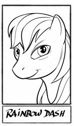 Size: 510x860 | Tagged: safe, alternate version, artist:marciofiorito, derpibooru import, rainbow dash, pegasus, pony, bust, female, lineart, mare, monochrome, smiling, solo