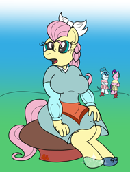 Size: 2496x3280 | Tagged: safe, aria blaze, fluttershy, sonata dusk, anthro, apron, bow, cinderella, clothes, colored, crossover, female, general, glass, ponytail, slippers