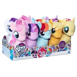 Size: 345x345 | Tagged: safe, derpibooru import, applejack, fluttershy, pinkie pie, rainbow dash, rarity, twilight sparkle, unicorn twilight, earth pony, pegasus, pony, unicorn, box, box of plushies, cute, female, irl, mane six, mare, my little pony logo, photo, plushie, simple background, white background