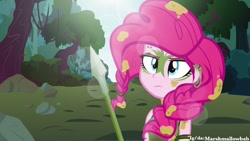 Size: 1024x576 | Tagged: safe, artist:marshmallowbab, pinkie pie, equestria girls, the cutie re-mark, alternate timeline, chrysalis resistance timeline, solo, spear, tribal pie, weapon