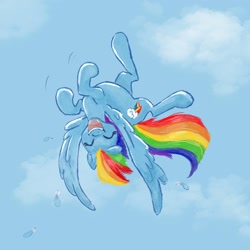 Size: 2048x2048 | Tagged: safe, artist:pfeffaroo, derpibooru import, part of a set, rainbow dash, pegasus, pony, backwards cutie mark, cloud, cute, eyes closed, feather, female, flying, laughing, mare, sky, solo, upside down