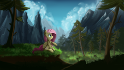 Size: 1280x720 | Tagged: safe, artist:ailynd, fluttershy, pegasus, pony, cloud, forest, mountain, scenery, sitting, solo