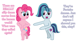 Size: 2072x1109 | Tagged: safe, artist:fskindness, pinkie pie, sonata dusk, earth pony, pony, unicorn, dancing, duo, female, fortnite, fortnite dance, fortnite default dance, funny, hind legs, mare, simple background, standing, transparent background