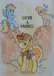 Size: 594x832 | Tagged: safe, artist:daisymane, derpibooru import, braeburn, little strongheart, rainbow dash, pegasus, pony, over a barrel, traditional art