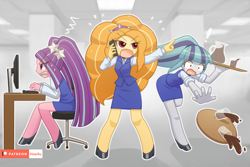 Size: 1500x1000 | Tagged: safe, artist:howxu, adagio dazzle, aria blaze, sonata dusk, equestria girls, adoragio, ariabetes, clothes, coffee, computer, cute, female, high heels, keyboard, office, patreon, patreon logo, profile, shoes, skirt, skirt suit, sonatabetes, spill, suit, sweat, the dazzlings, tray