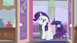 Size: 1920x1080 | Tagged: safe, screencap, rarity, pony, unicorn, school raze, bow, could be worse, crying, female, hairbrush, mare, mascara, messy tail, plot, tail bow