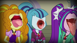 Size: 1920x1080 | Tagged: safe, edit, edited screencap, screencap, adagio dazzle, aria blaze, sonata dusk, equestria girls, rainbow rocks, ahegao, eldritch horror, jesus christ how horrifying, lips, nightmare fuel, not salmon, open mouth, salivating, tongue out, uvula, wat