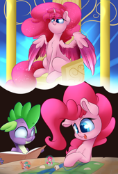 Size: 3000x4400 | Tagged: safe, artist:madacon, pinkie pie, spike, alicorn, pony, alicornified, atg 2016, dungeons and dragons, newbie artist training grounds, ogres and oubliettes, pinkiecorn, race swap, xk-class end-of-the-world scenario