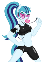 Size: 1388x1889 | Tagged: safe, artist:camo-pony, derpibooru exclusive, sonata dusk, anthro, armband, belly button, bubblegum, clothes, compression shorts, earbuds, female, food, gum, midriff, music player, simple background, sports bra, sports shorts, sunglasses, tight clothing, white background