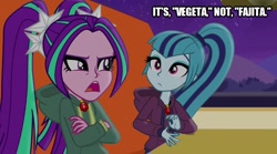 Size: 640x357 | Tagged: safe, edit, edited screencap, screencap, aria blaze, sonata dusk, equestria girls, rainbow rocks, angry, anime, caption, dragon ball z, dragonball, duo, fajita, grammar error, image macro, latin american, mexican, mexican food, mexico, pigtails, ponytail, text, vegeta