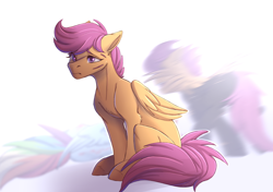 Size: 3214x2266 | Tagged: safe, artist:1an1, derpibooru import, rainbow dash, scootaloo, pegasus, pony, blurry background, clothes, crying, female, lying, mare, memories, regret, sad, scar, sitting, solo focus, uniform, washouts uniform