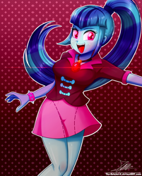 Size: 1060x1320 | Tagged: safe, artist:the-butch-x, sonata dusk, equestria girls, rainbow rocks, birthday gift, breasts, clothes, cute, female, gem, legs, looking at you, miniskirt, open mouth, ponytail, signature, siren gem, skirt, smiling, solo, sonatabetes, spiked wristband, wristband