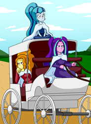 Size: 1122x1521 | Tagged: safe, artist:jake heritagu, adagio dazzle, aria blaze, sonata dusk, comic:aria's archives, equestria girls, carriage, clothes, dress, female, pigtails, ponytail, robe, smiling, twintails, wagon