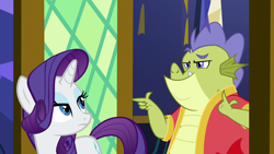 Size: 1280x720 | Tagged: safe, screencap, rarity, sludge (g4), dragon, pony, unicorn, father knows beast, female, male, mare, punchable, rarity is not amused, unamused