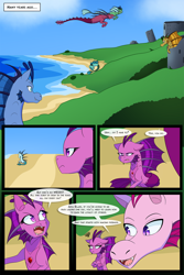 Size: 1280x1920 | Tagged: safe, artist:jase1505, aria blaze, sonata dusk, oc, oc:chorale glow, siren, comic:another time another place, series:dusk oceanos, angry, comic, flashback, flying, gem, grumpy, island, ruins, siren gem, sleeping, smiling, younger