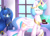 Size: 1024x731 | Tagged: safe, artist:calamity-studios, princess celestia, princess luna, alicorn, pony, cake, cakelestia, eating, eyes closed, food, fork, happy, messy, regalia, royal sisters, signature, smiling, strawberry