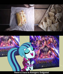 Size: 1280x1500 | Tagged: safe, derpibooru exclusive, edit, edited screencap, editor:bobhershey, screencap, sonata dusk, equestria girls, avengers: endgame, food, marvel, spoilers for another series, taco