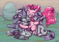 Size: 1280x905 | Tagged: safe, artist:colourbee, limestone pie, marble pie, maud pie, pinkie pie, earth pony, pony, holder's boulder, hug, pie sisters