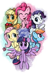 Size: 640x964 | Tagged: safe, artist:peachy-pony, derpibooru import, applejack, fluttershy, pinkie pie, rainbow dash, rarity, twilight sparkle, twilight sparkle (alicorn), alicorn, butterfly, earth pony, pegasus, pony, unicorn, apple, bucket, ear fluff, eyes closed, female, food, hooves to the chest, mane six, mare, open mouth, spread wings, wings